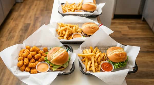 Multiple baskets of burgers with french fries and tater tots, along with sliced tomatoes.