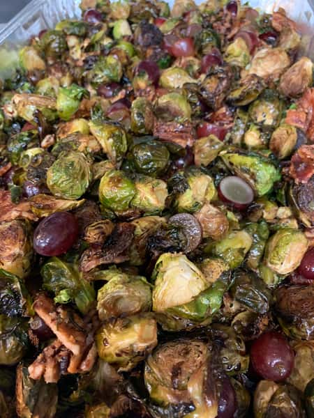 Catering Sautéed Brussels Sprouts with HM's Savory Bacon, Red Grapes, Balsamic Glaze Sides