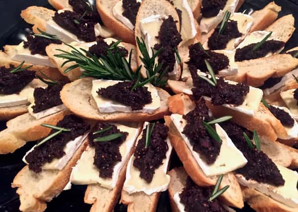 Catering Fig + Olive Tapenade with Brie on Crostini Appetizer