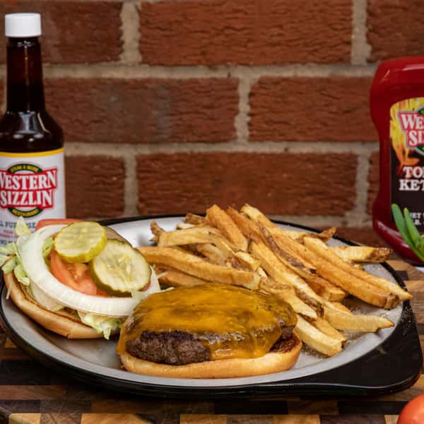 burger and fries with beer