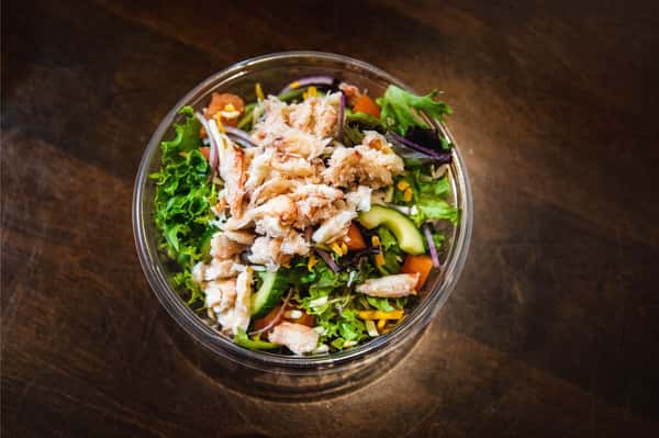 House salad topped with Fresh Crab