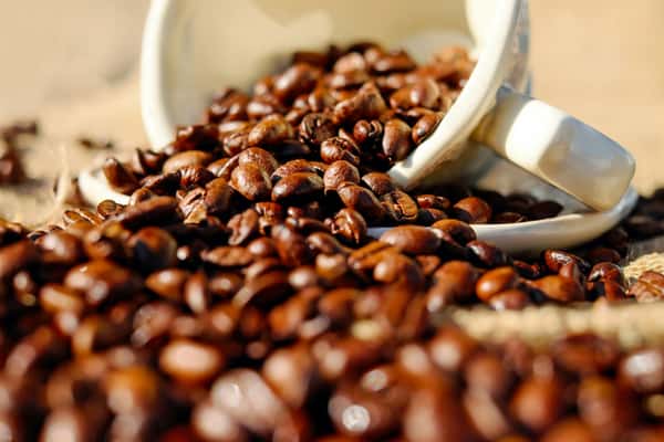 Roasted coffee beans spilling from a tipped white cup onto a surface covered with burlap.