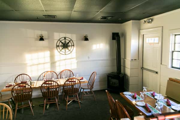 wood burning stove in country dining room
