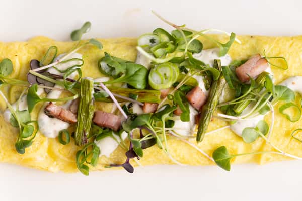 Ham, Asparagus & Swiss Cheese Omelet w/Tarragon Crema Drizzle