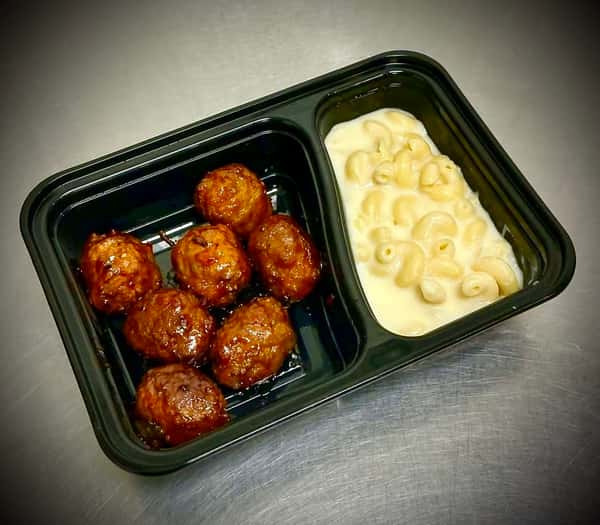 Bacon Habanero Smothered Meatballs with a side of Mac & Cheese
