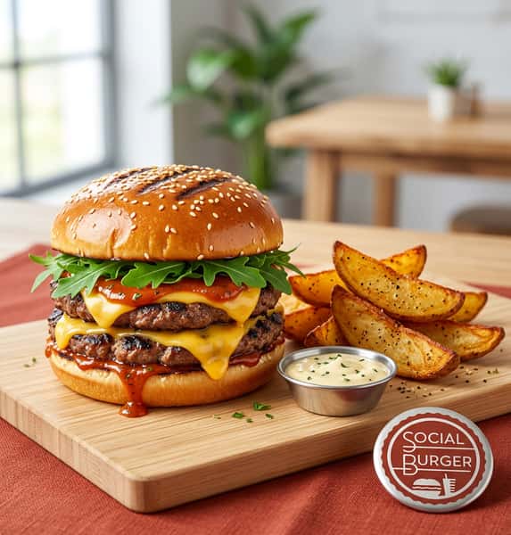 Double cheeseburger with grilled beef patties, melted cheddar, fresh arugula, and roasted potato wedges served with dipping sauce at Social Burger.