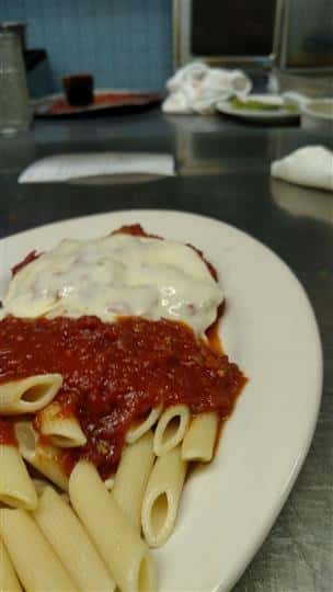 Penne with marinara sauce and melted mozzarella cheese.