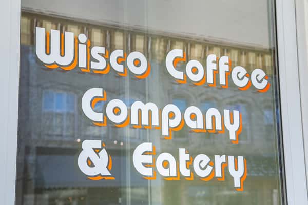 Wisco Coffee Company & Eatery window signage on storefront exterior