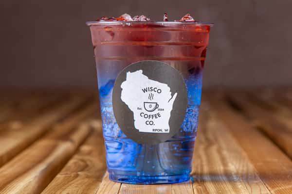 Layered red and blue iced drink with a nostalgic twist at Wisco Coffee Company