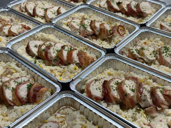 bacon wrapped chicken over roasted corn risotto