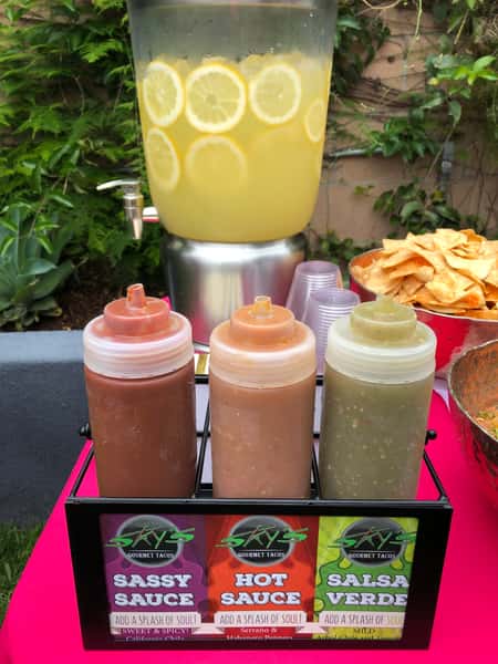 table with sauces and lemonade