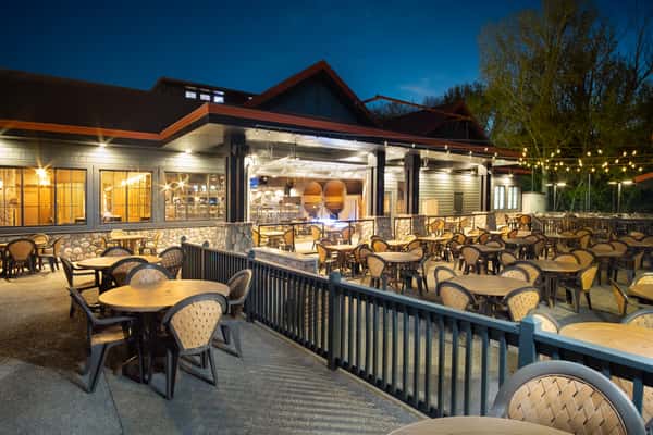 outdoor seating area at night