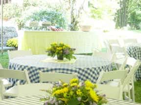 table outside with flowers in the middle