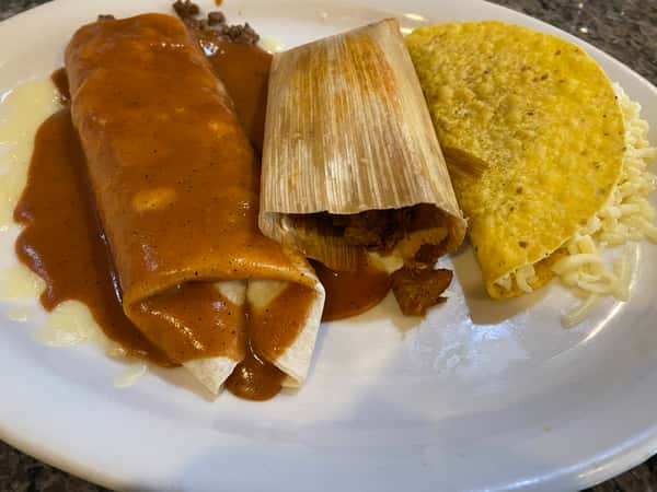 One Tamale, One Taco, One Burrito Topped with Enchilada Sauce