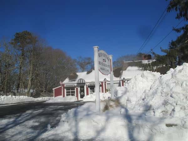exterior view of Red Cottage Restaurant in the snow