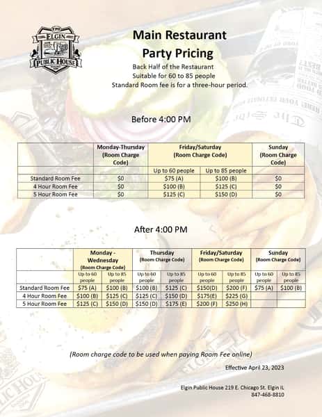 Main restaurant pricing