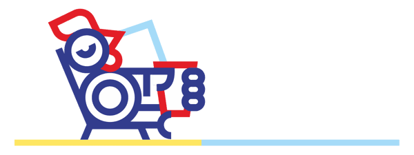 Cartoon chicken mascot pushing a shopping cart filled with food containers and a drink, moving along a yellow and blue path.