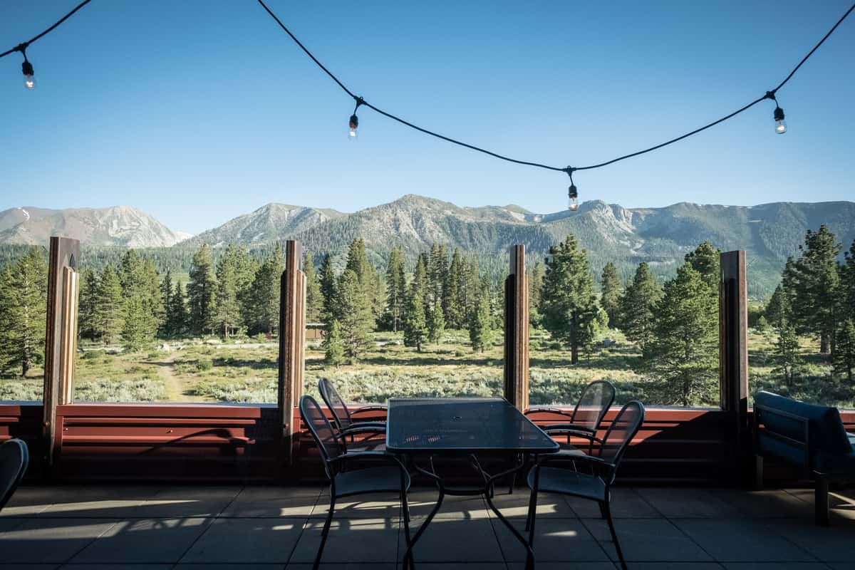 Patio seating area with a mountain view