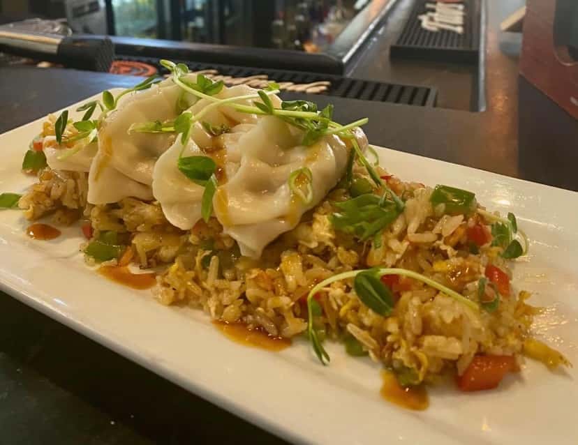 Potstickers over Fried rice