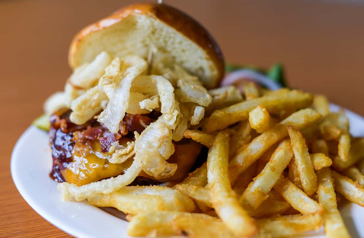 Whiskey Hill BBQ Pork Cheddar & Bacon Burger +