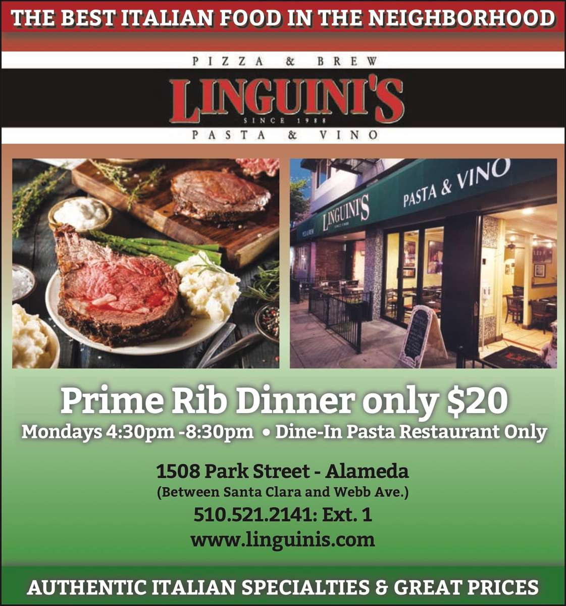 Prime Rib Dinner On Pasta Daily Specials Linguini S Italian Restaurant In Alameda Ca