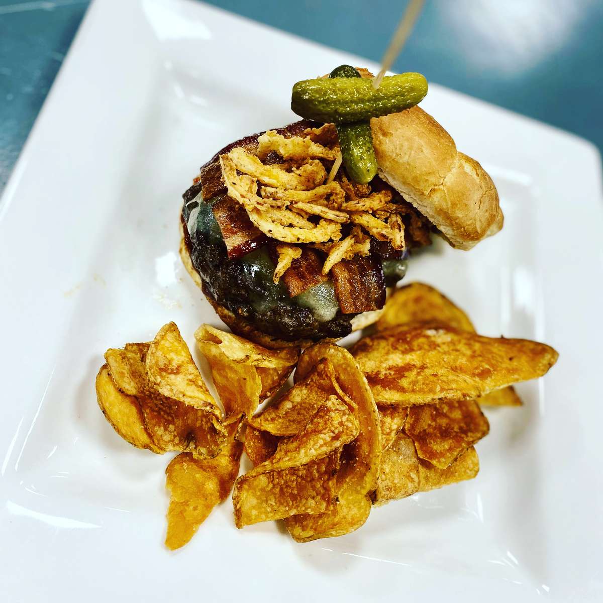 Featured Angus Cheese Burger with kettle chips