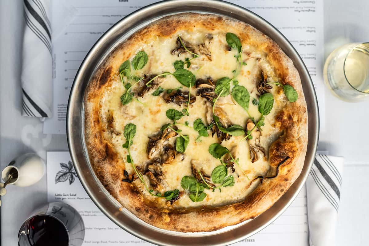 An overhead picture of a mushroom/funghi pizza