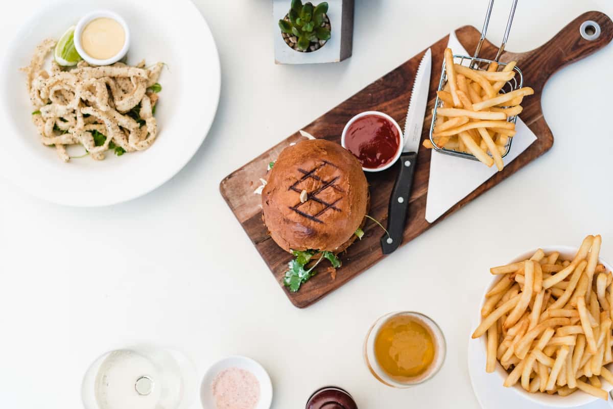burger, fries and calamari