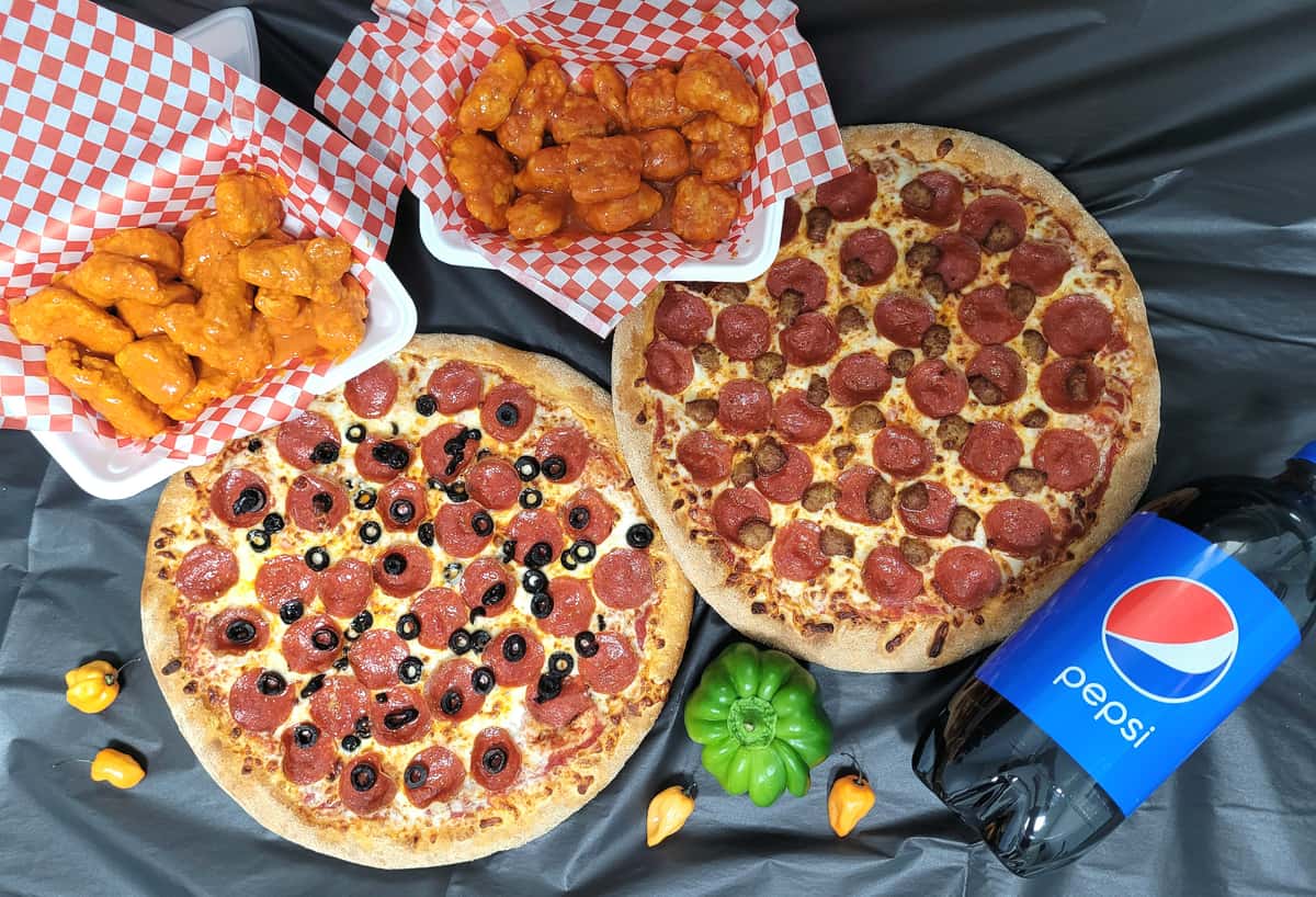 2 Large 2 Topping Pizzas and 2 Pounds of Boneless Bites Plus One 2