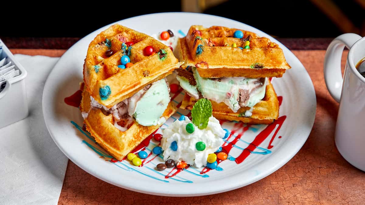 M&M Rainbow Waffle Ice Cream Sandwich