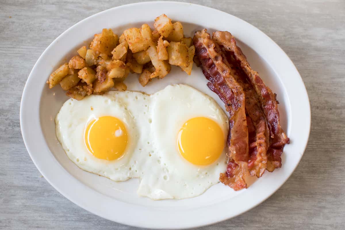 #4 Two Eggs, Home Fries, Bacon, Ham or Sausage & Toast