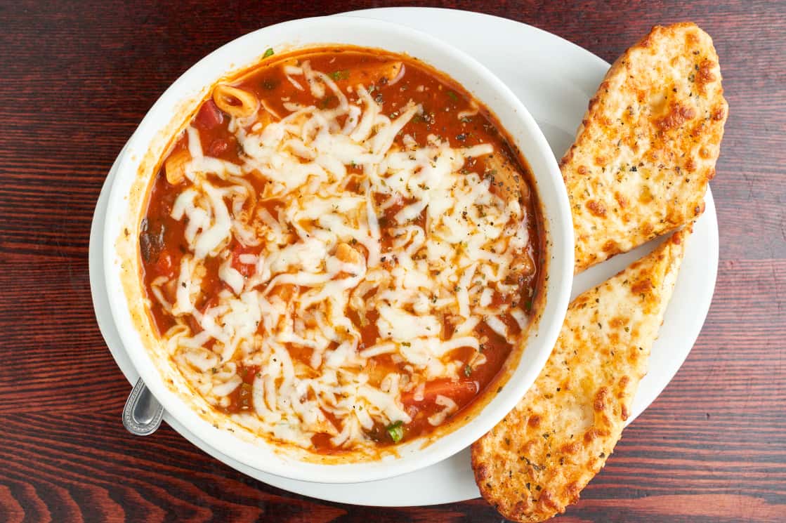 Baked Minestrone Soup with garlic bread