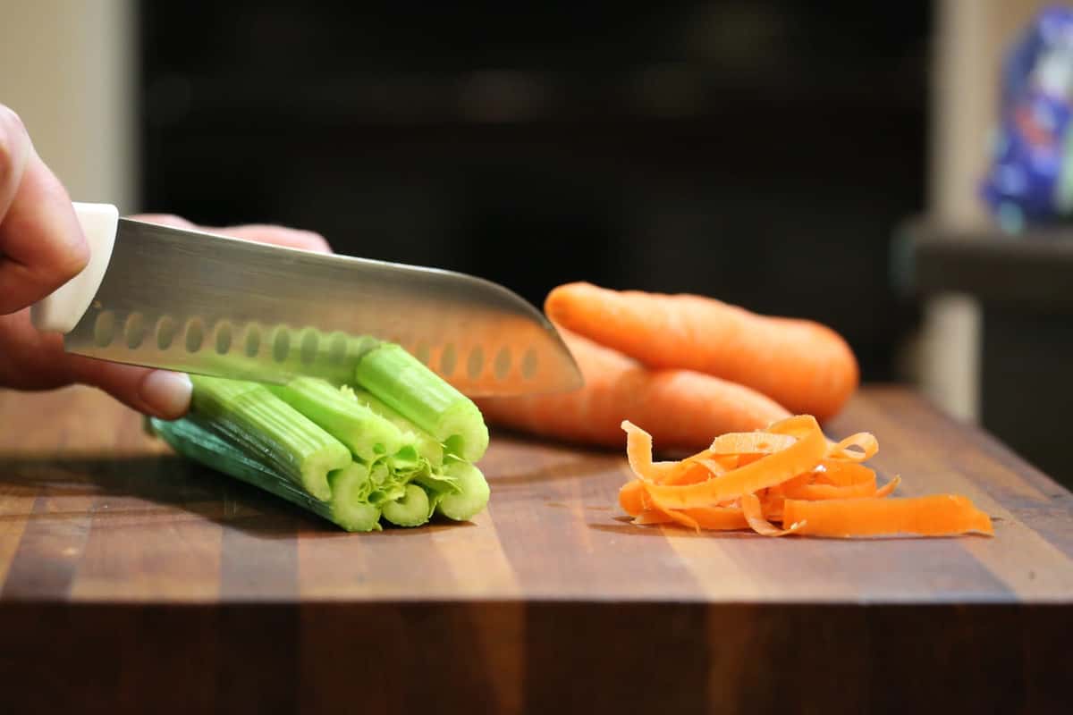 Prepping celery and carrots