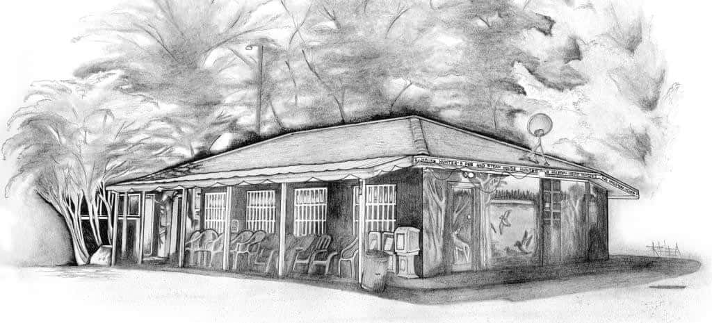 Pencil drawing of Hunter's Pub and Steakhouse building