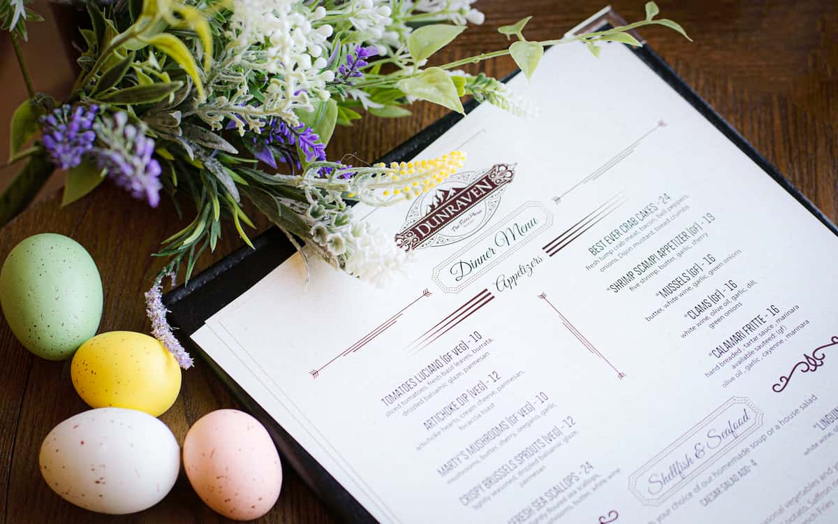 dunraven menu with easter eggs and spring flowers