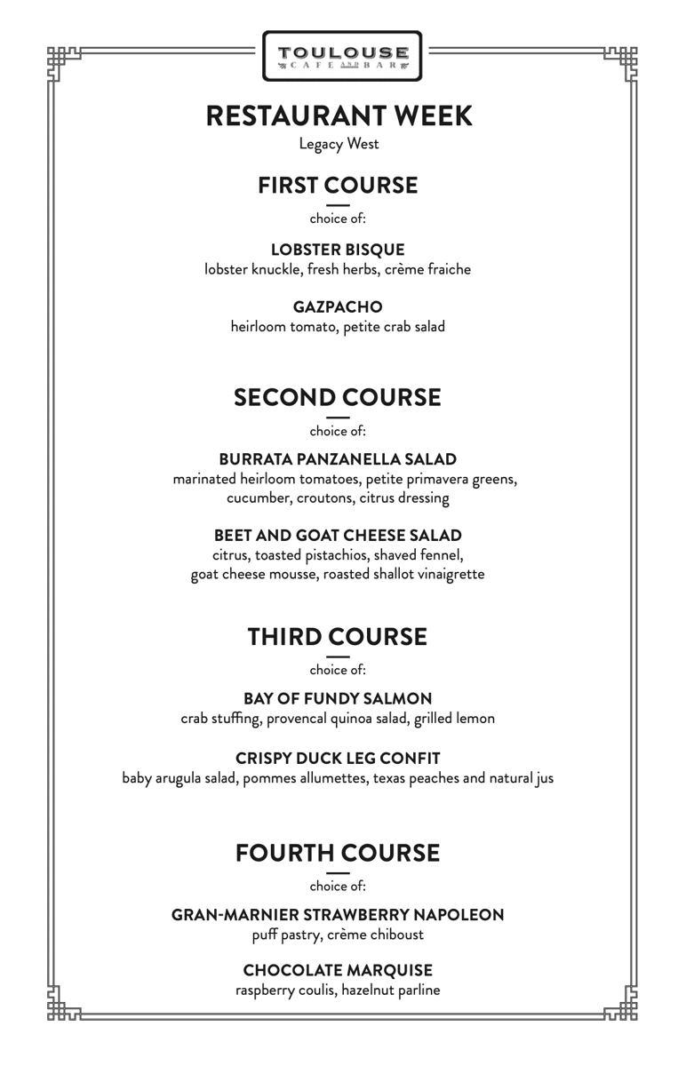 Legacy West Menu Toulouse Cafe and Bar Restaurant in TX