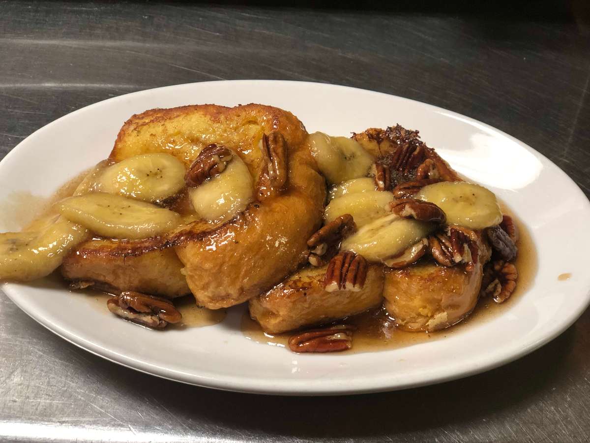 Caramelized banana-pecan french toast with brown sugar maple syrup
