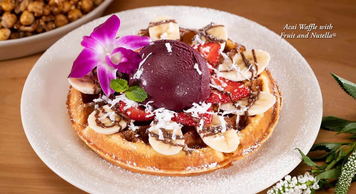 Belgian waffle topped with fresh strawberries and bananas served with a scoop of Acai Sorbet garnished with coconut and Nutella drizzle