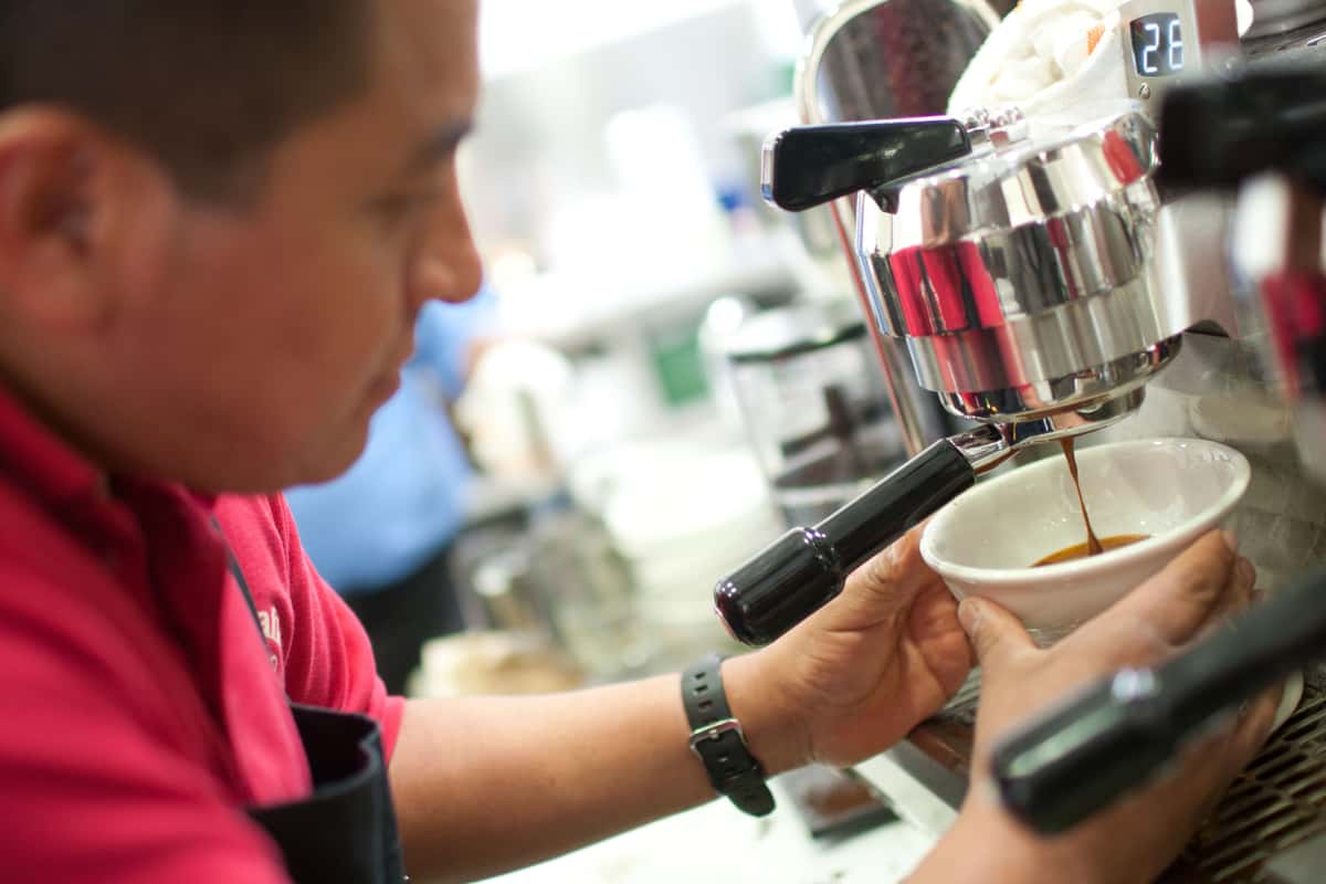 Barista watches coffee dripping into large white mug as it is forced through filter of espresso machine.