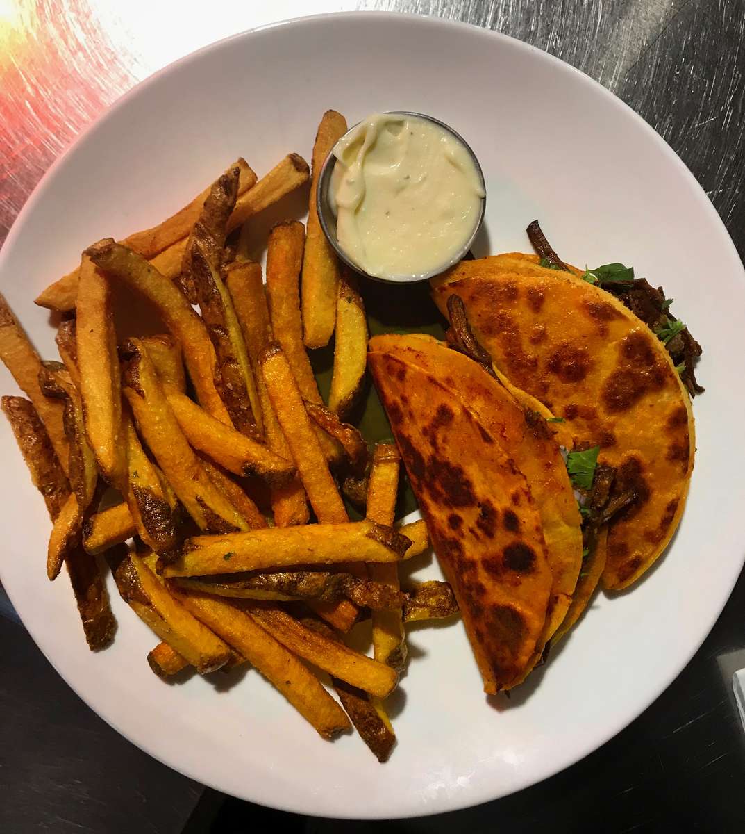 Barbcoa tacos and Fries