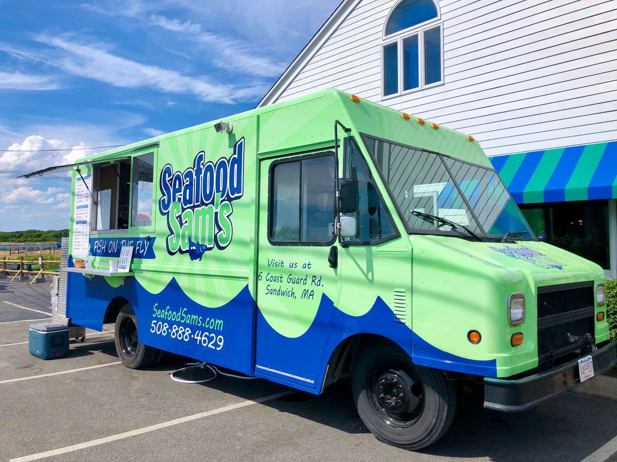 Seafood Sam's food truck, parked outside the Sandwich restaurant