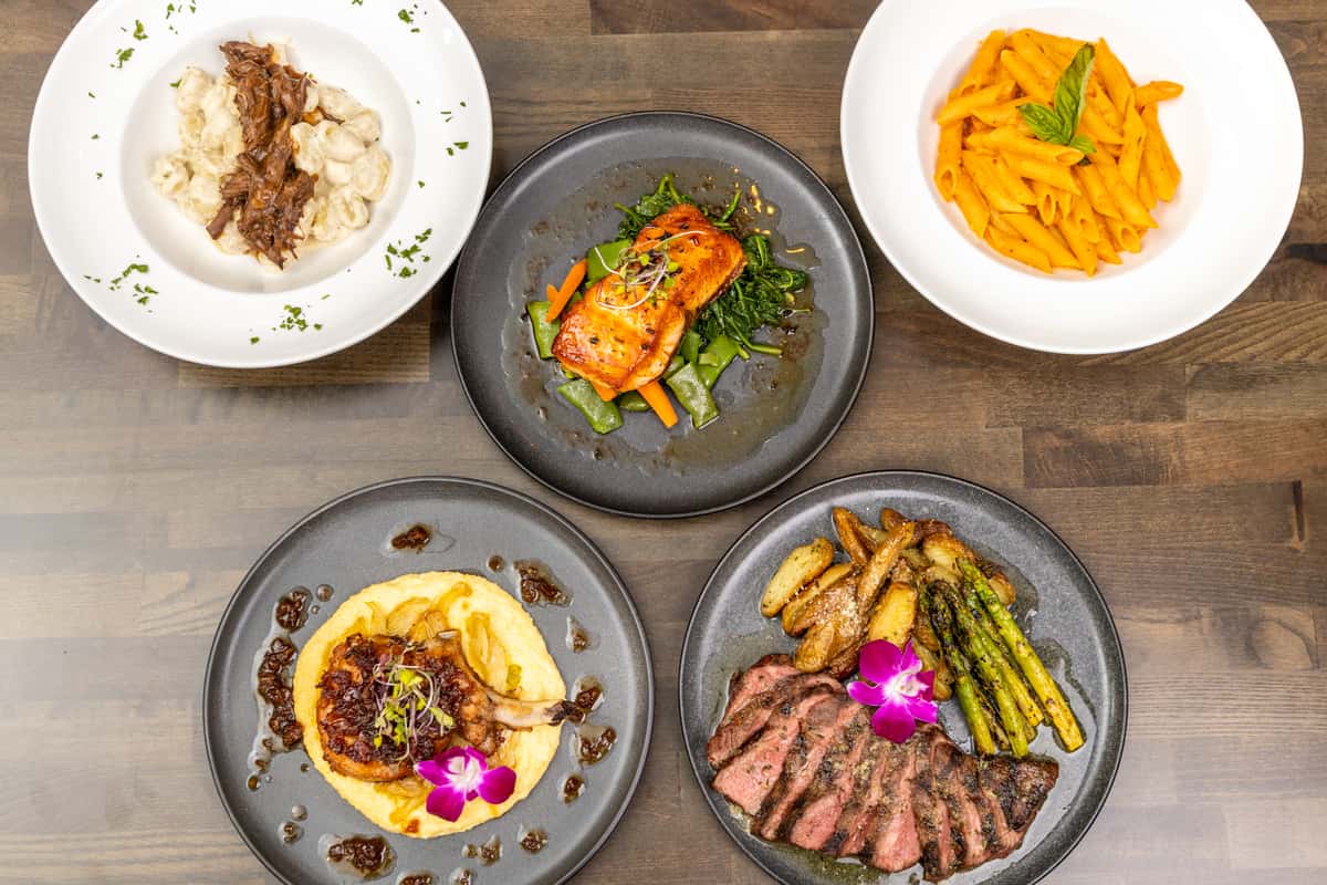 Steak, Salmon, Pasta