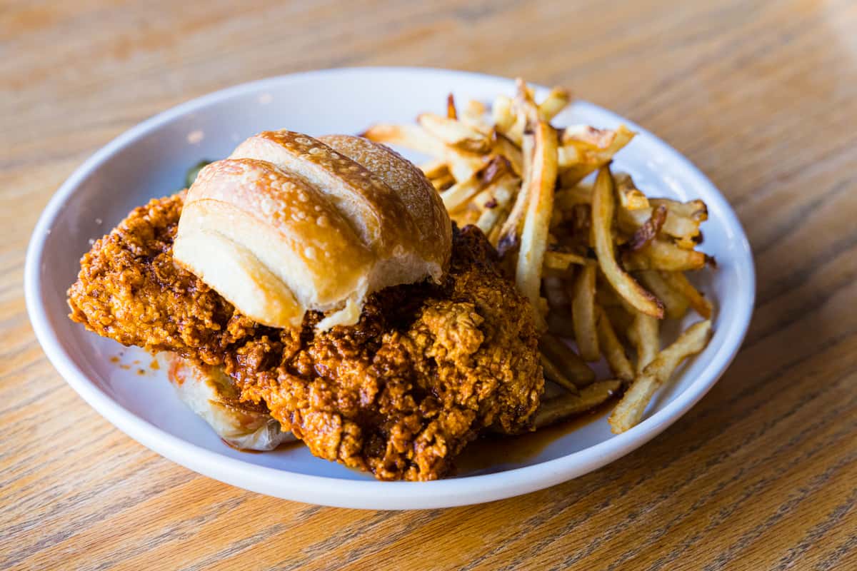 fried chicken sandwich with fries