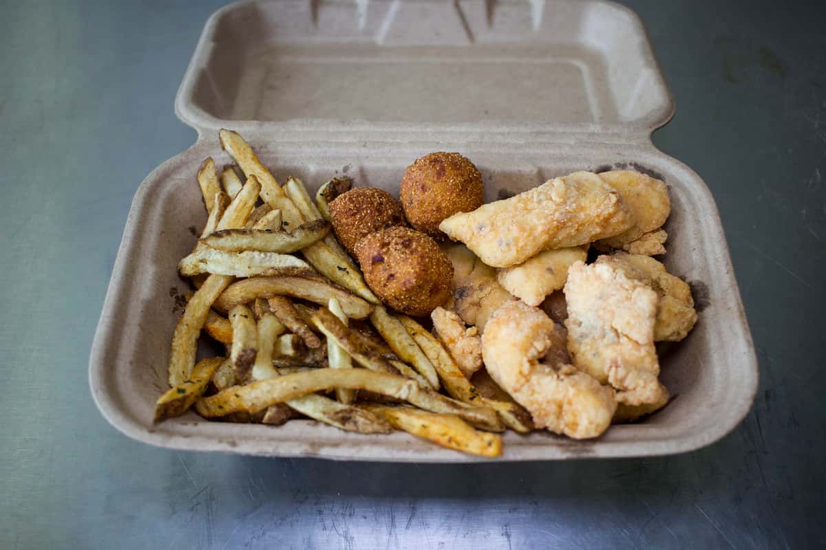 fried fish, fries and hush puppies