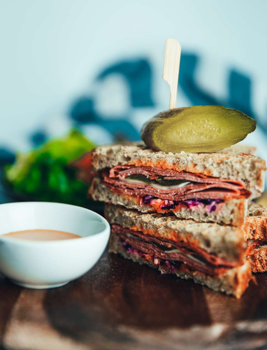 sandwich, pickle, and dip