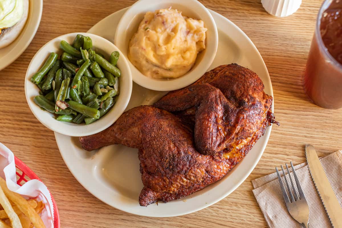 BBQ Chicken, Green Beans, Mashed Potatoes