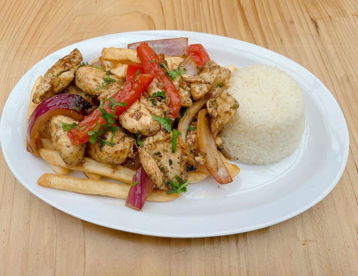 meat, rice and peppers
