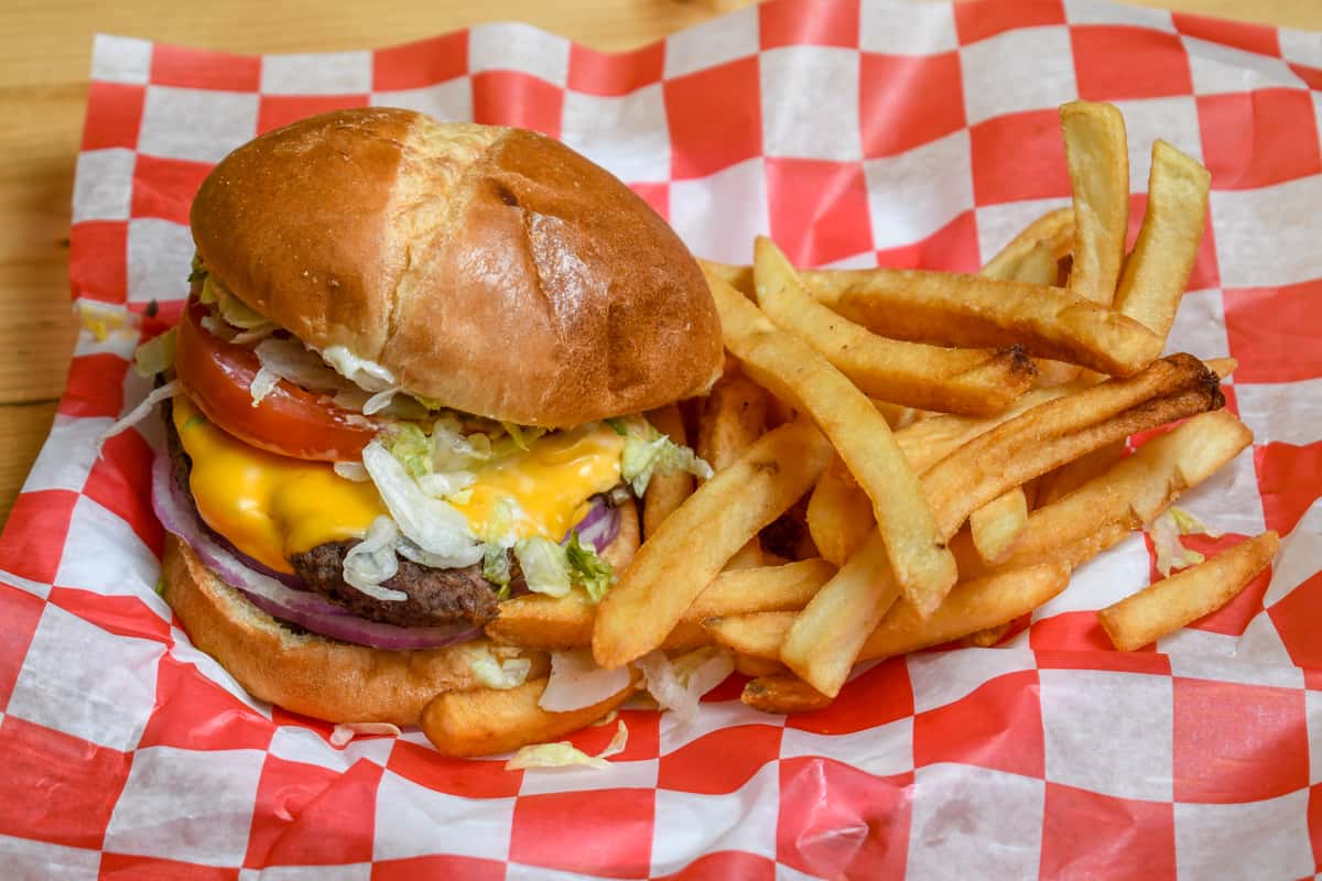 cheeseburger and fries