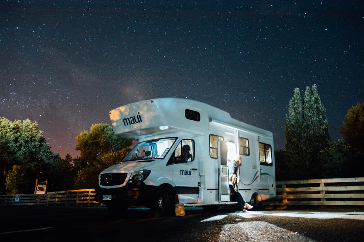 rv bus by lake