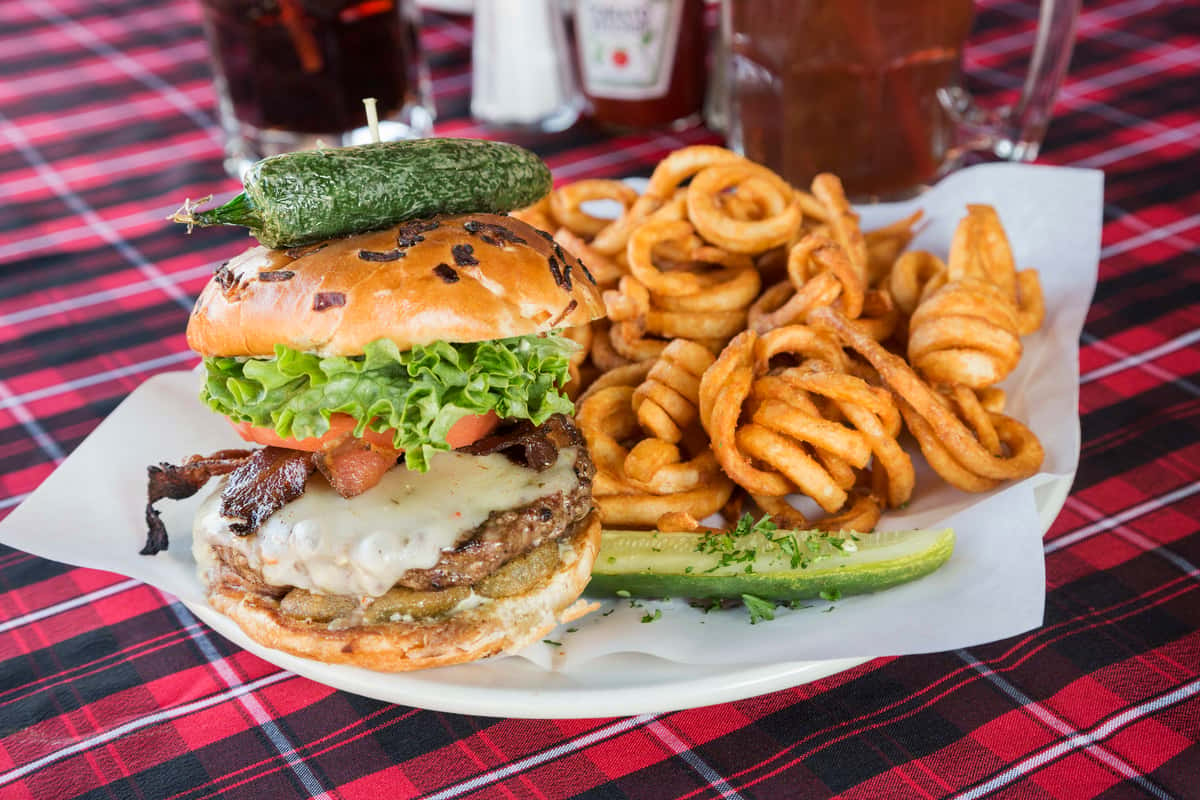 burger and curly fries